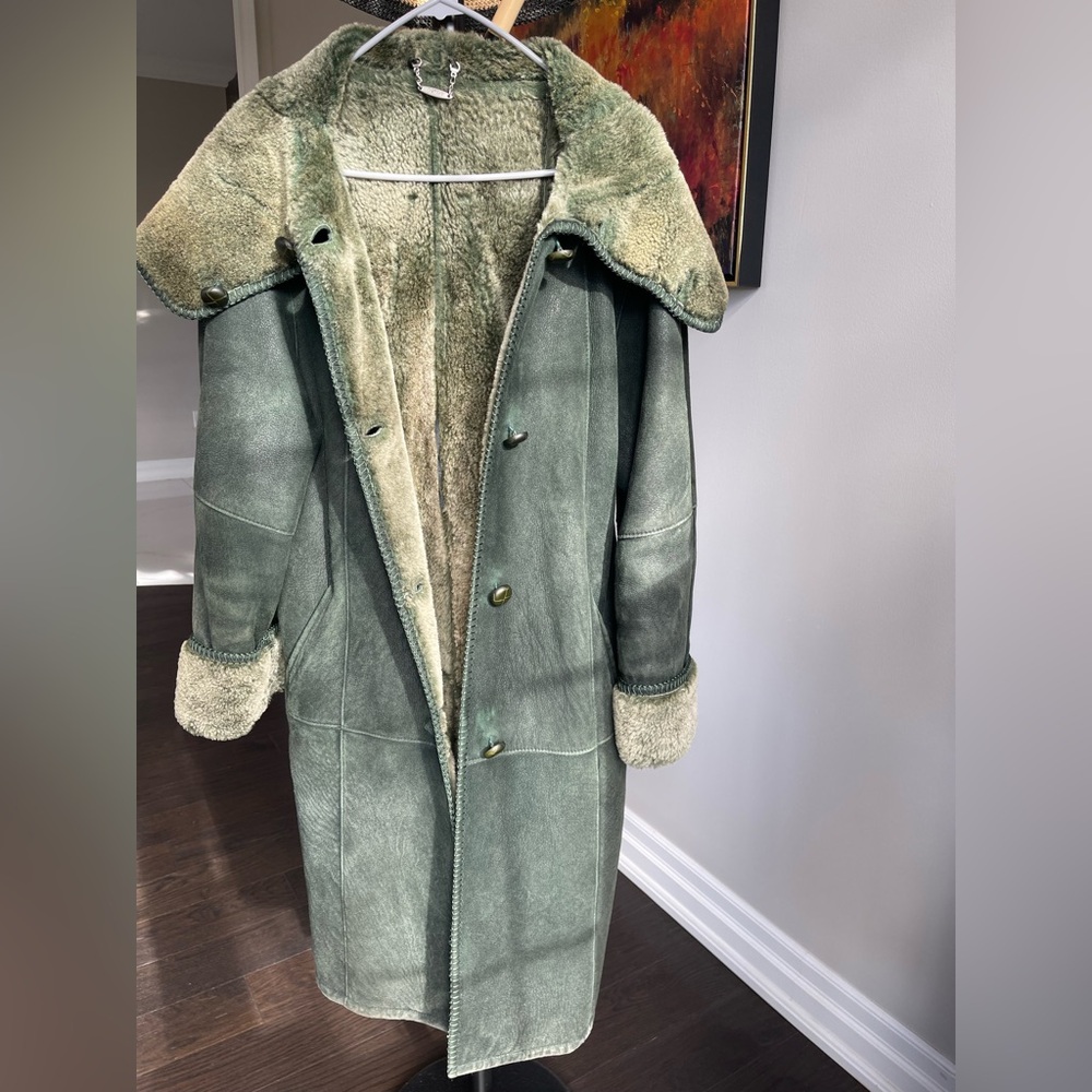 HARTMAN Shearling Coat | Vintage Green Sheepskin Suede Fur Jacket - Picture 12 of 17